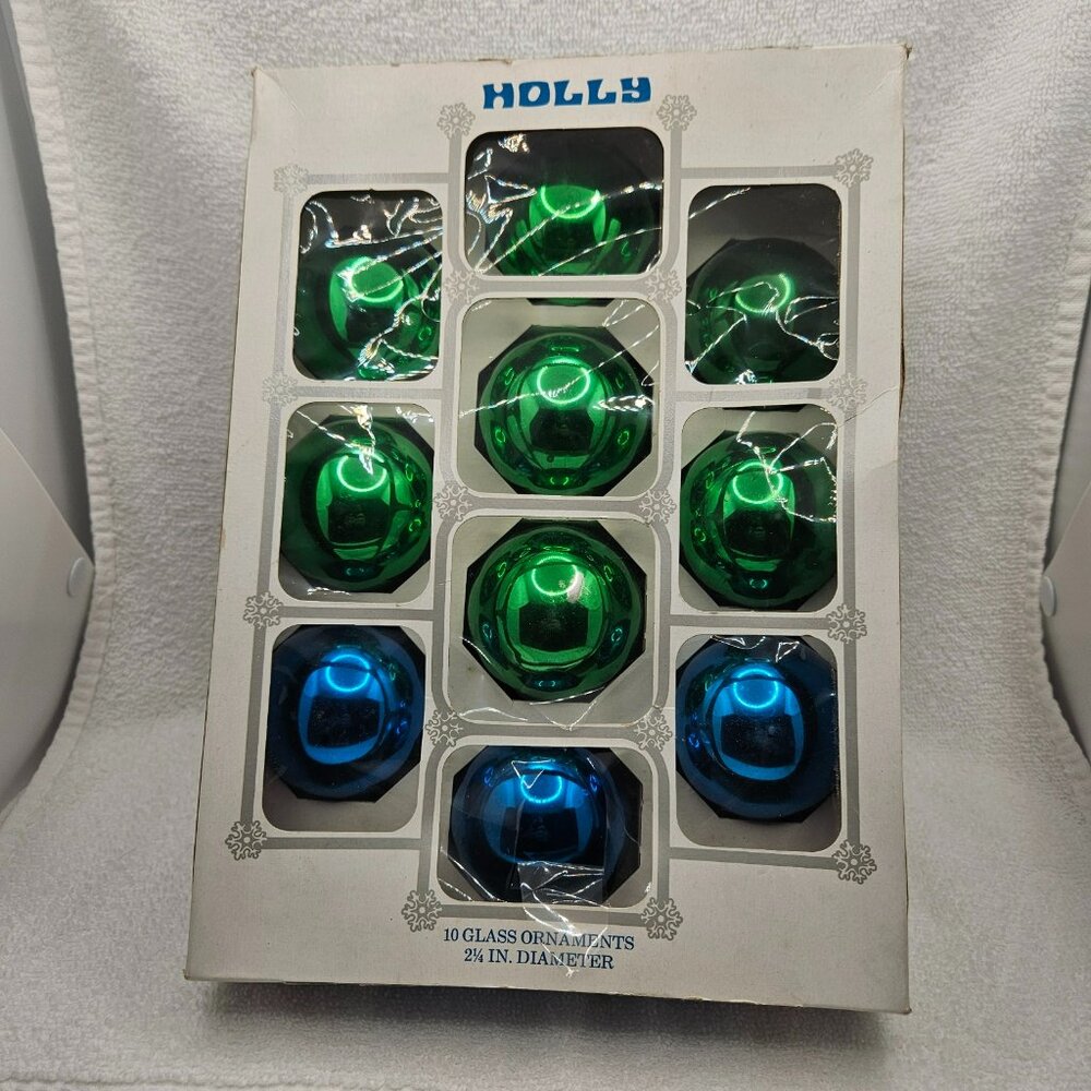 Holly Glass Ornaments 10 Green Blue Christmas Tree Holiday Silver Crown 2.25”